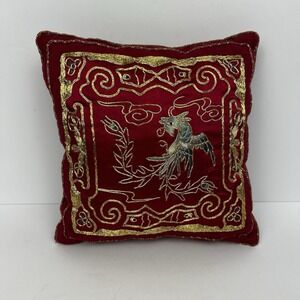 Vintage Red Silk Embroidered Chinese Phoenix Decorative Pillow Gold Thread Asian